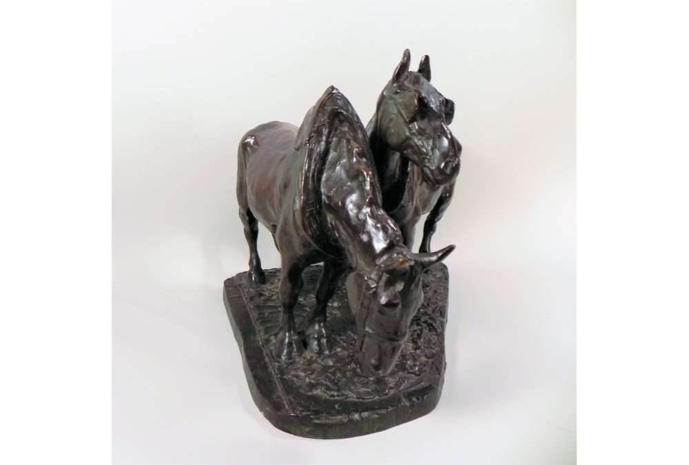 Sculpture en Bronze de Chevaux de Trait par Albert Hager
