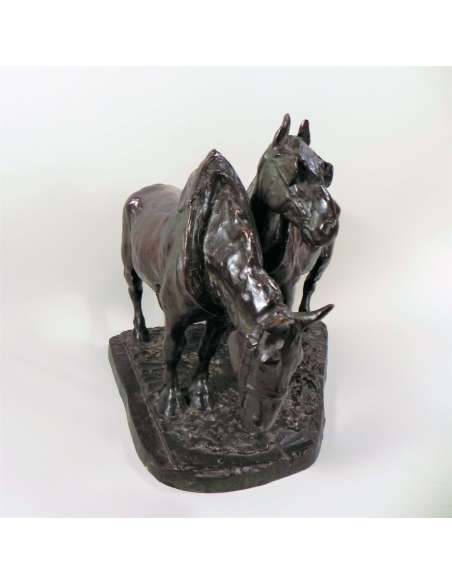 Sculpture en Bronze de Chevaux de Trait par Albert Hager