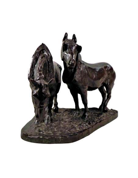 Sculpture bronze Albert Hager deux chevaux de trait 1925