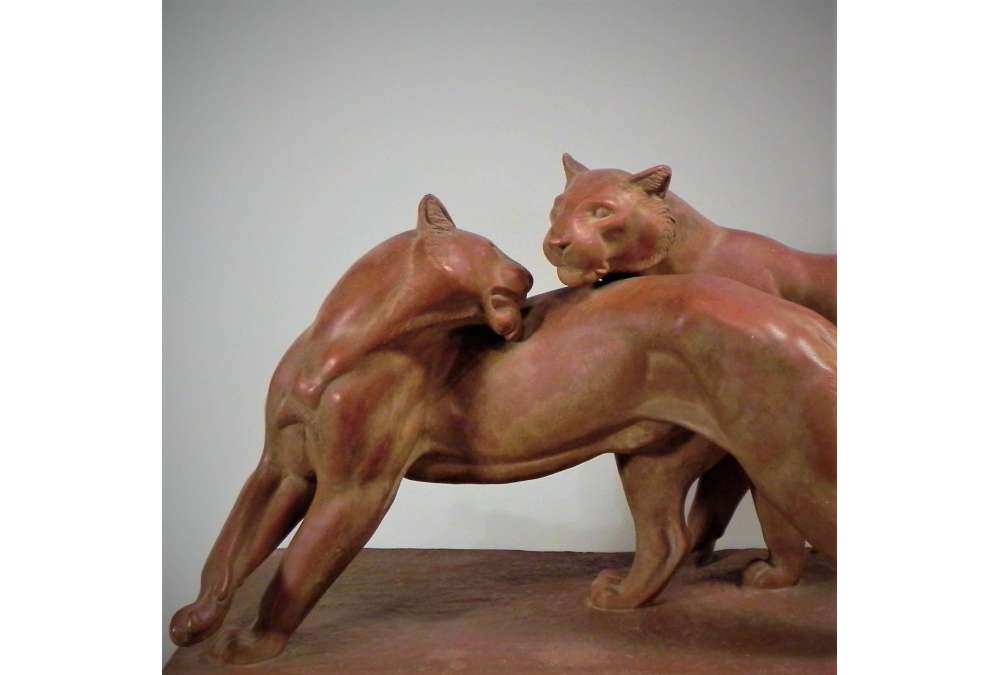 Statue de panthères en terre cuite de René Rochard