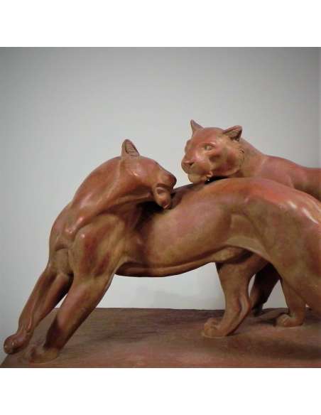 Statue de panthères en terre cuite de René Rochard