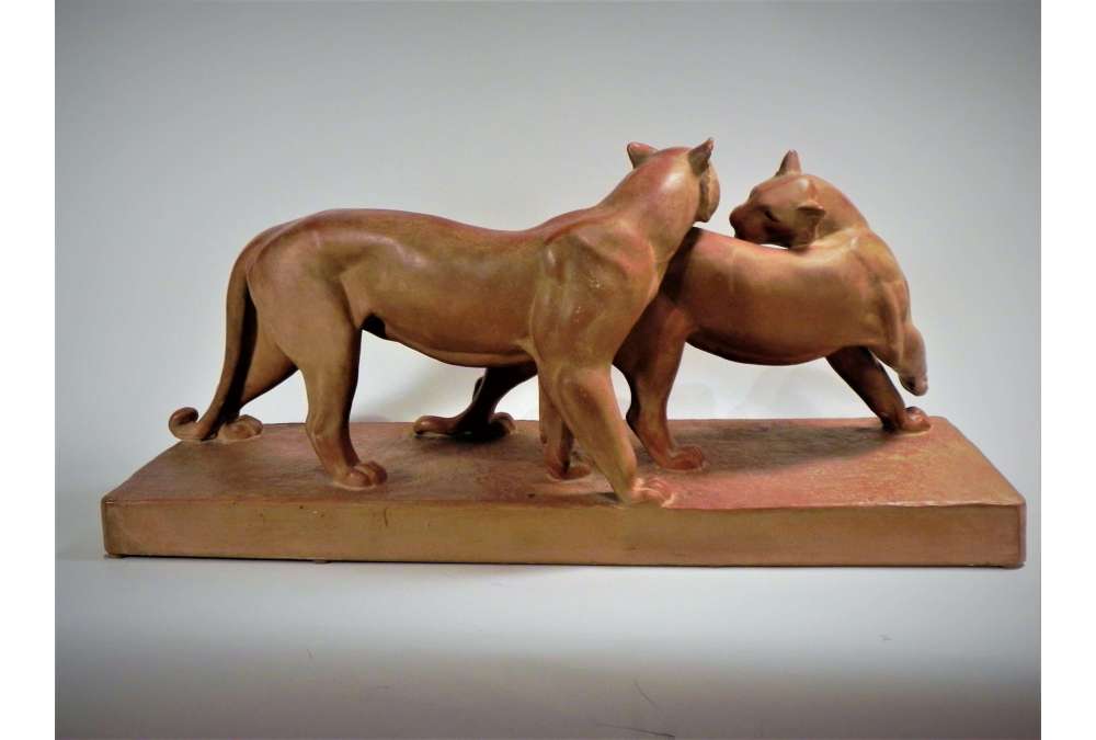 Statue de panthères en terre cuite de René Rochard