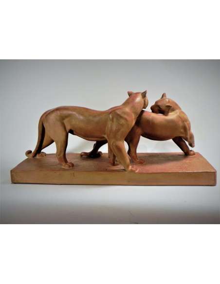 Statue de panthères en terre cuite de René Rochard