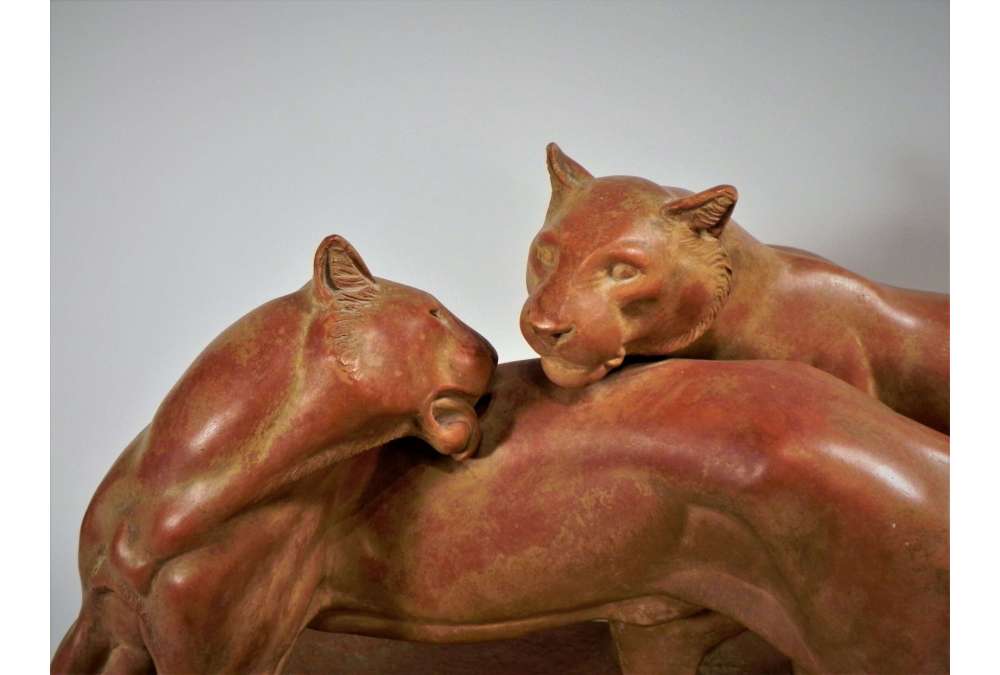 Statue de panthères en terre cuite de René Rochard