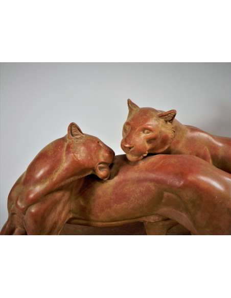 Statue de panthères en terre cuite de René Rochard