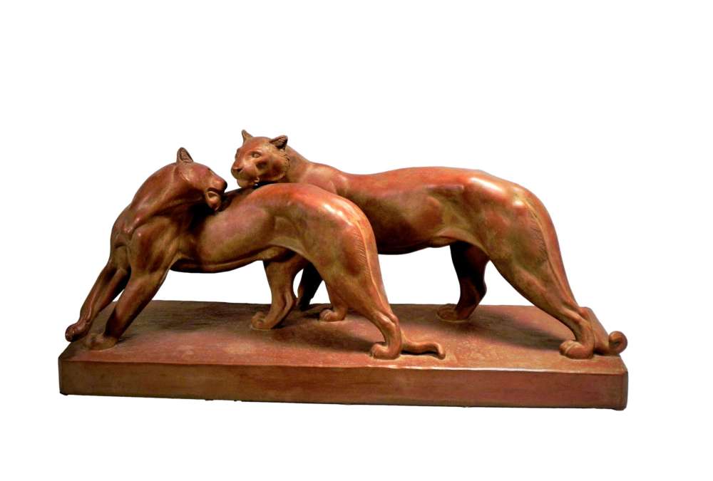 Statue panthères terre cuite Irénée Rochard vue de face