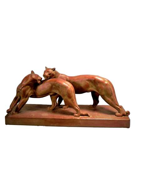 Statue panthères terre cuite Irénée Rochard vue de face