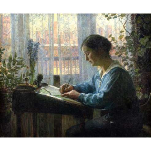 Caroline Van Deurs (1860-1932)+huile sur toile, La Lettre d'Else