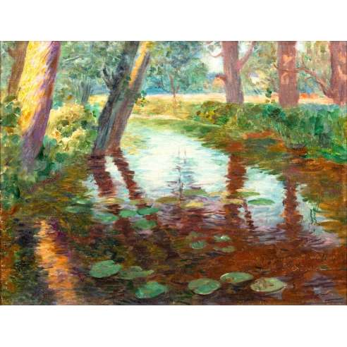 Paul-Édouard Crébassa (1864-1912)+ Huile sur toile, Rivière avec nénuphars