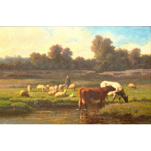 Grazing Cattle+ Oil on panel by Louis Robbe (Certified)