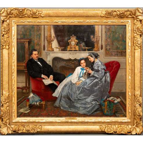 Gustave de Jonghe (1829-1893)+ Huile sur panneau, La leçon de broderie