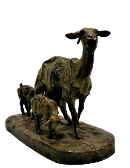 Statue de Chèvre en Bronze et ses Chevreaux par Ary Bitter