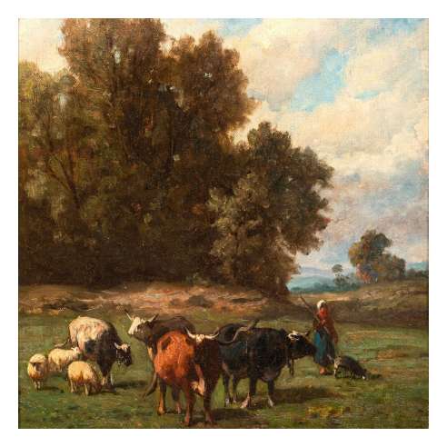 Louis Robbe, Oil on canvas+ Shepherdess at the edge of the forest