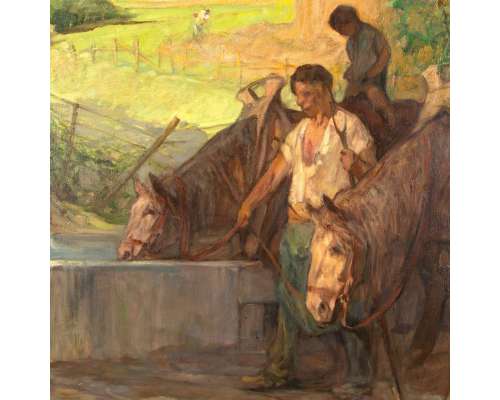 schilderij met paarden bij drinkplaats