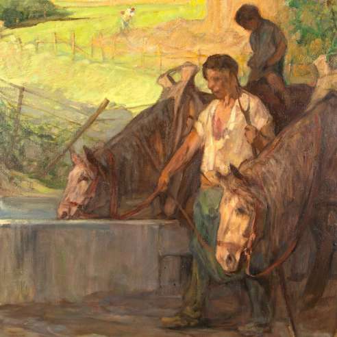 Jules Pierre Van Biesbroeck, Oil on canvas+ Horses resting at a trough